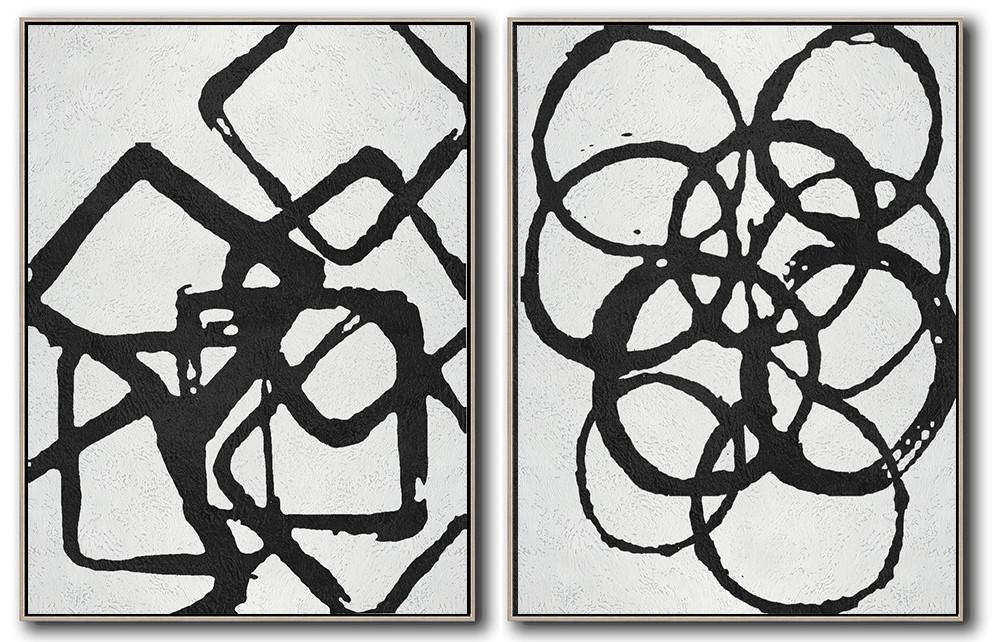 Hand-Painted Set Of 2 Minimal Painting On Canvas - Abstract Contemporary Art Paintings Guest Room Extra Large